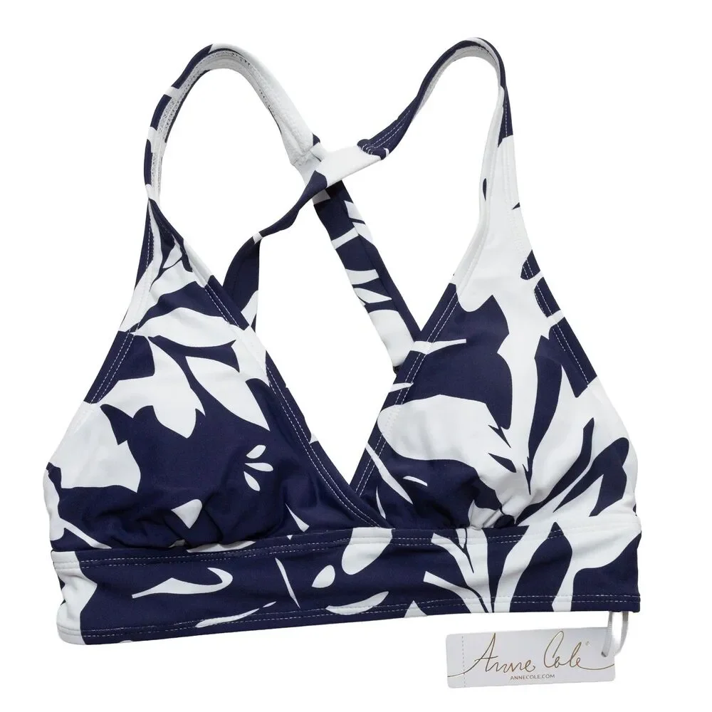 Anne Cole Women Small lNavy White Abstract Floral‎ Print Cross-Back Bikini Top
